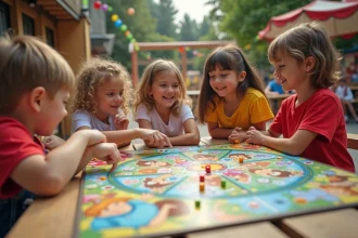 Groupe d'enfants jouant à un jeu de société en plein air