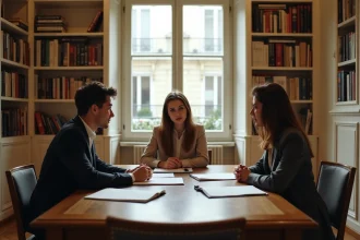 Trois jeunes adultes réunis autour d'une table dans un salon parisien discutant de sujets politiques, évoquant une réunion familiale engagée