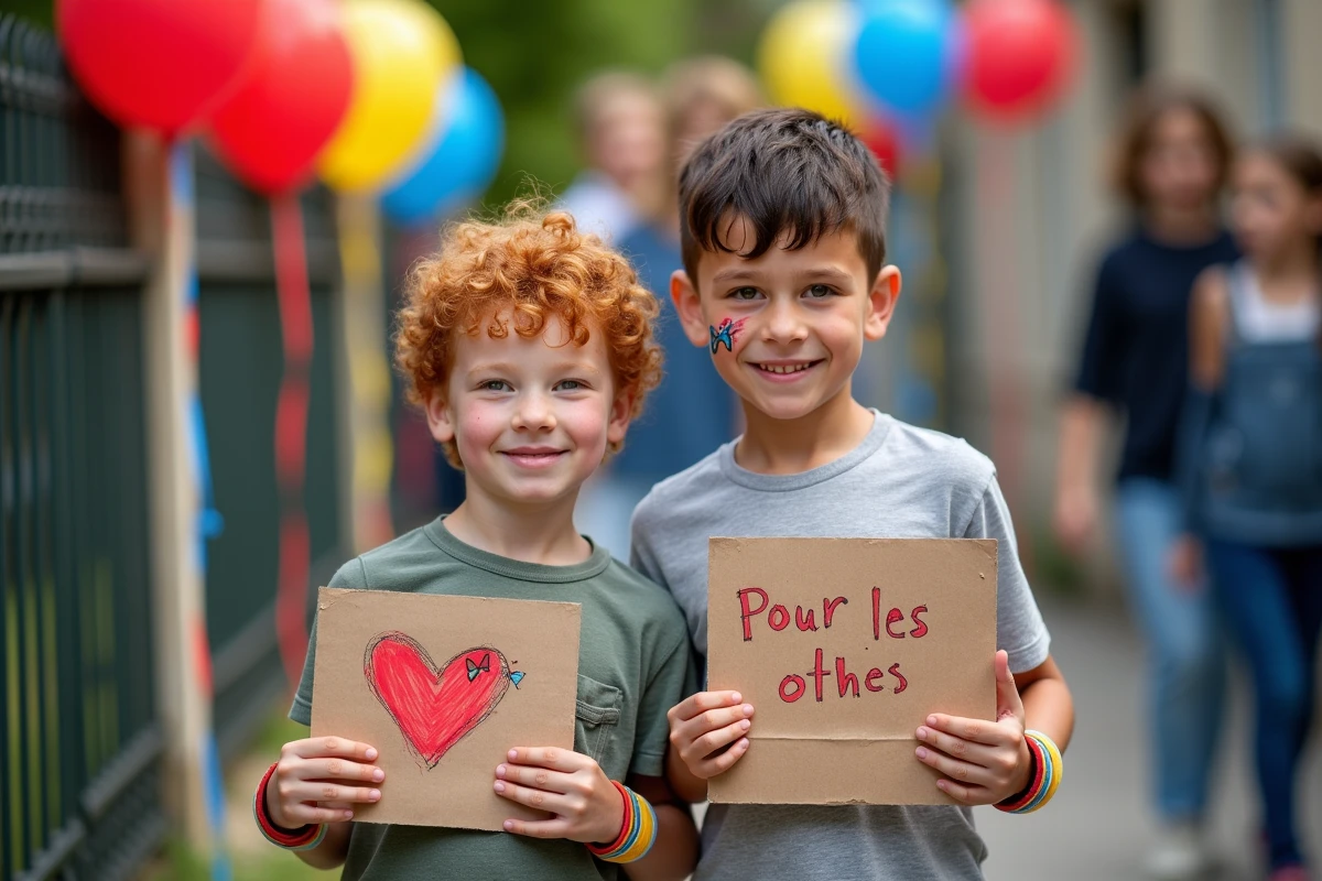 Deux garçons tenant des pancartes artisanales lors d'une kermesse caritative à l'école primaire