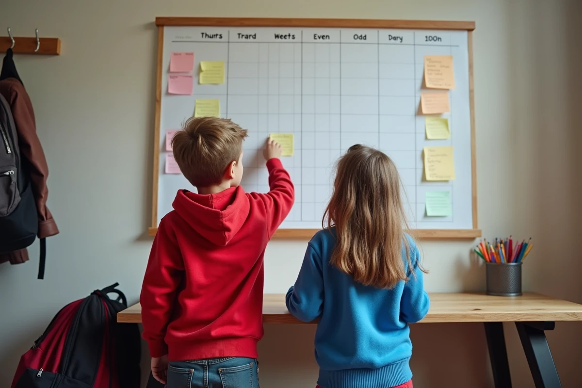 Deux enfants consultant un planning mural semaine paire et impaire dans une salle de travail à la maison