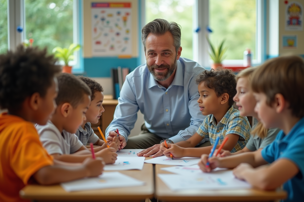 Professeur aide un groupe d enfants en classe lumineuse