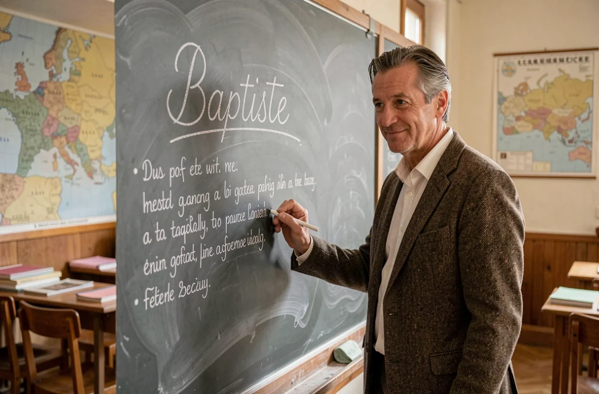 Enseignant français écrivant le prénom Baptiste en cursive sur un tableau noir dans une salle de classe traditionnelle avec étymologie