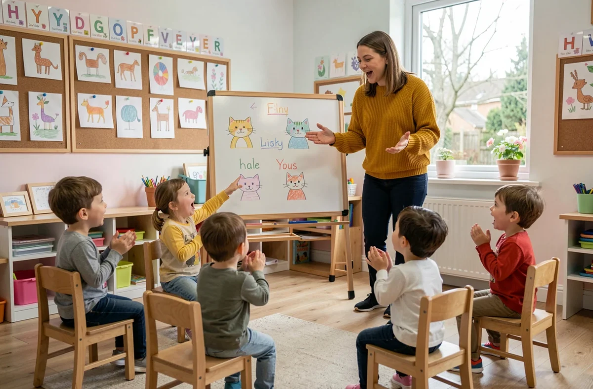 Enseignante animant une comptine avec des dessins de chats au tableau devant un groupe d'enfants en maternelle