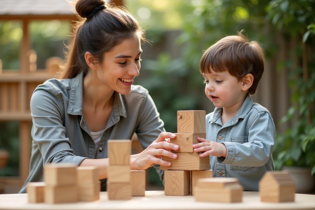 Enseignante Montessori aidant un enfant à empiler des blocs en extérieur