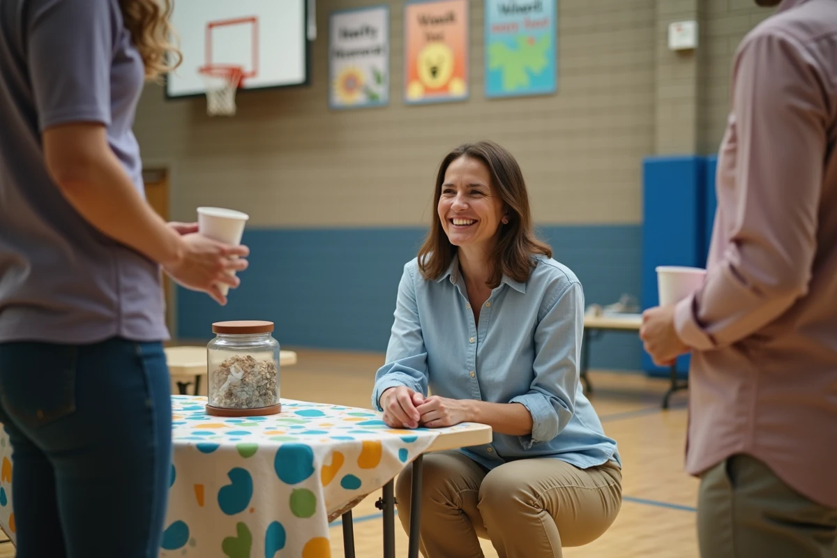 Enseignante expliquant l'action caritative à des parents lors d'une fête d'école solidaire en gymnase