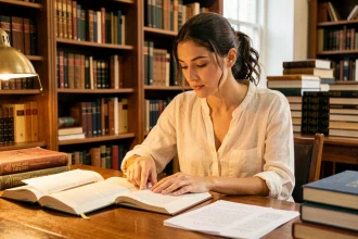 Jeune femme étudiant l'étymologie du prénom Lisa dans une bibliothèque académique entourée de dictionnaires ouverts