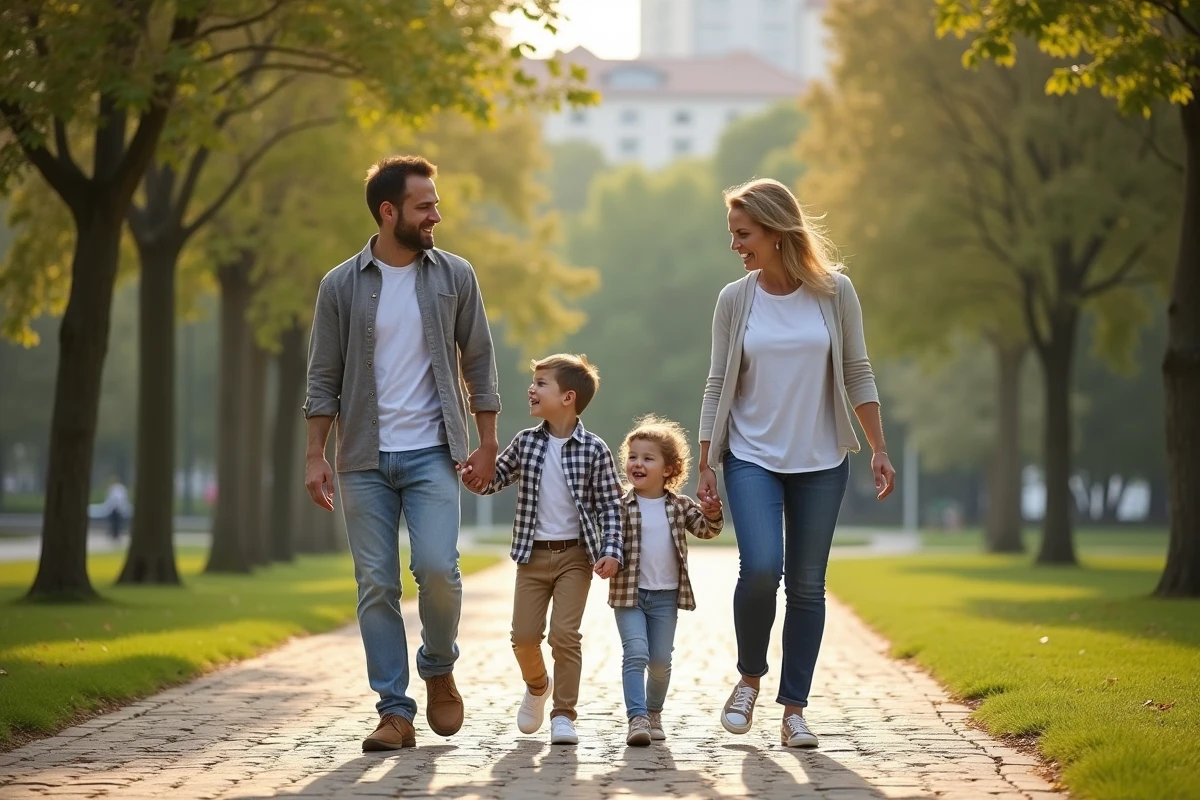 Couple et enfants se promenant dans un parc urbain en famille