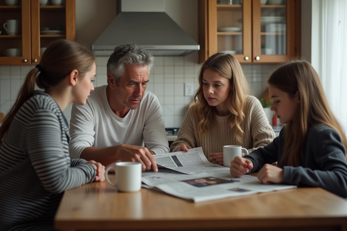 Une famille discutant de conflits géopolitiques autour de la table de cuisine avec un journal ouvert