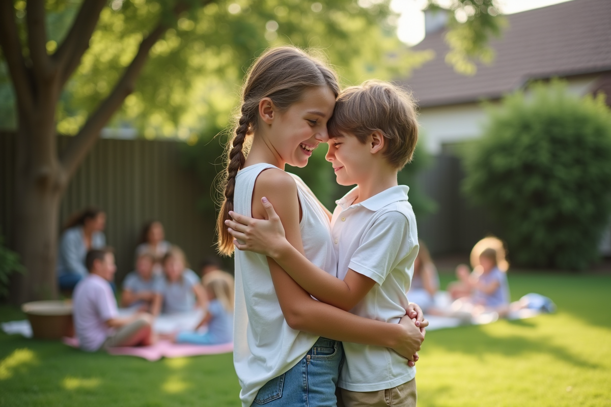 Fratrie en plein air dans un jardin en famille