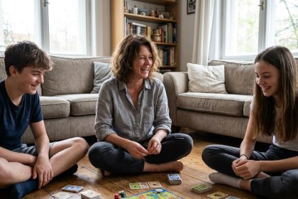 Famille jouant à un jeu de société sur le sol d'un salon chaleureux, mère et adolescents souriants autour de cartes et pions colorés