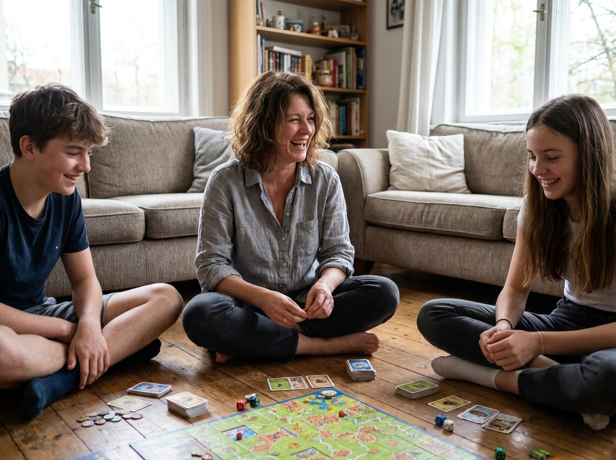 Famille jouant à un jeu de société sur le sol d'un salon chaleureux, mère et adolescents souriants autour de cartes et pions colorés