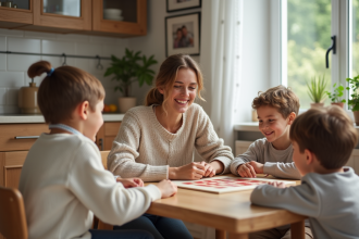 Mère et enfants jouent à un jeu de société dans la cuisine