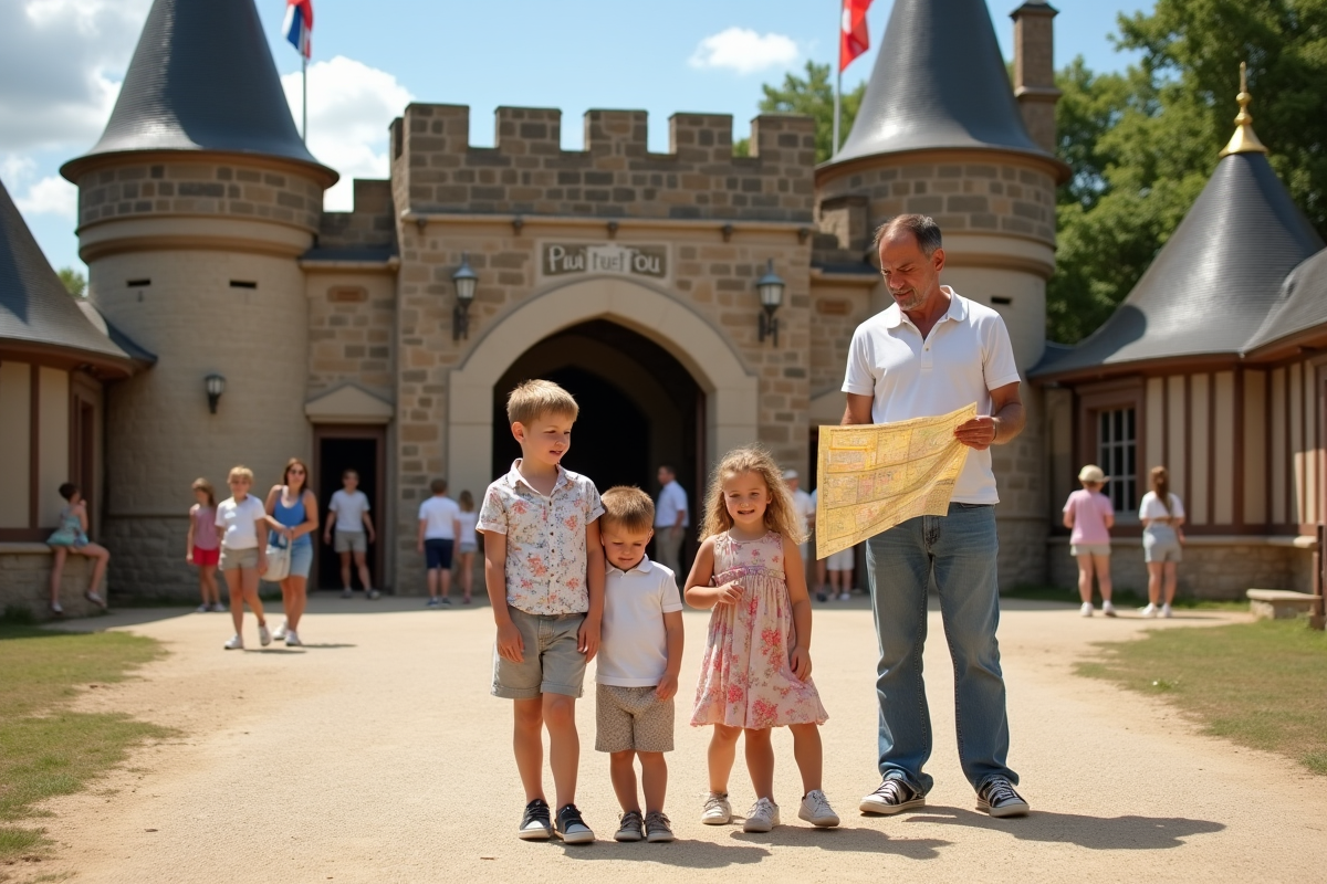 Famille de quatre devant la porte médiévale du Puy du Fou