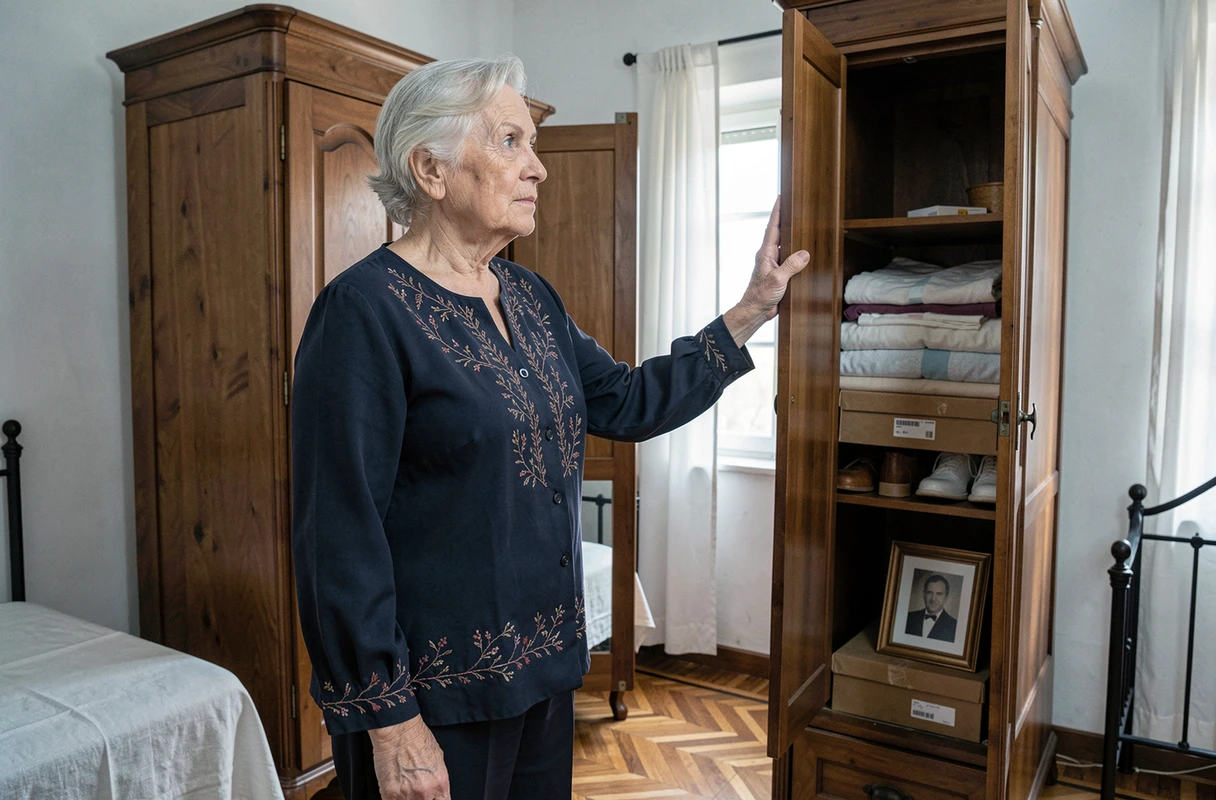 Une femme âgée au regard pensif se tient devant une armoire ancienne renfermant des souvenirs de famille, symbole de la mémoire transmise de génération en génération