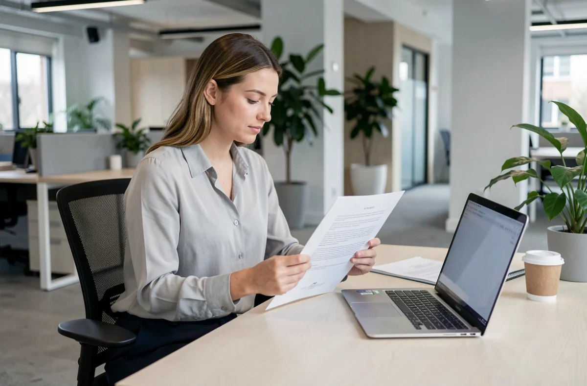 Femme active en milieu professionnel consultant des documents officiels liés au congé d'allaitement et aux démarches administratives de retour au travail