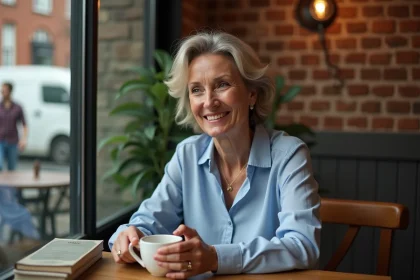 Femme souriante dans un café avec tasse en céramique