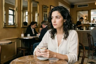 Jeune femme aux cheveux bouclés dans un café parisien, tenant une tasse d'espresso, expression nostalgique et pensive évoquant des souvenirs familiaux