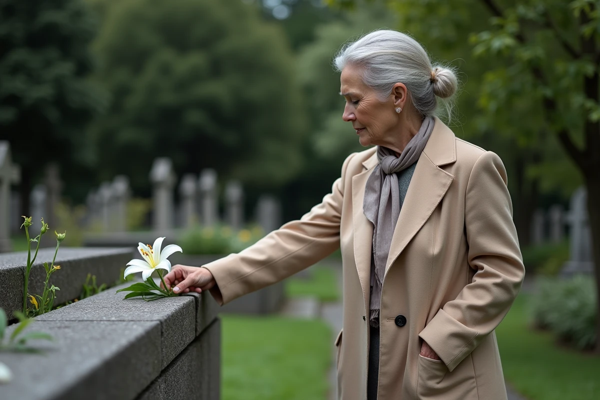 Femme déposant une lys sur une tombe dans un cimetière calme