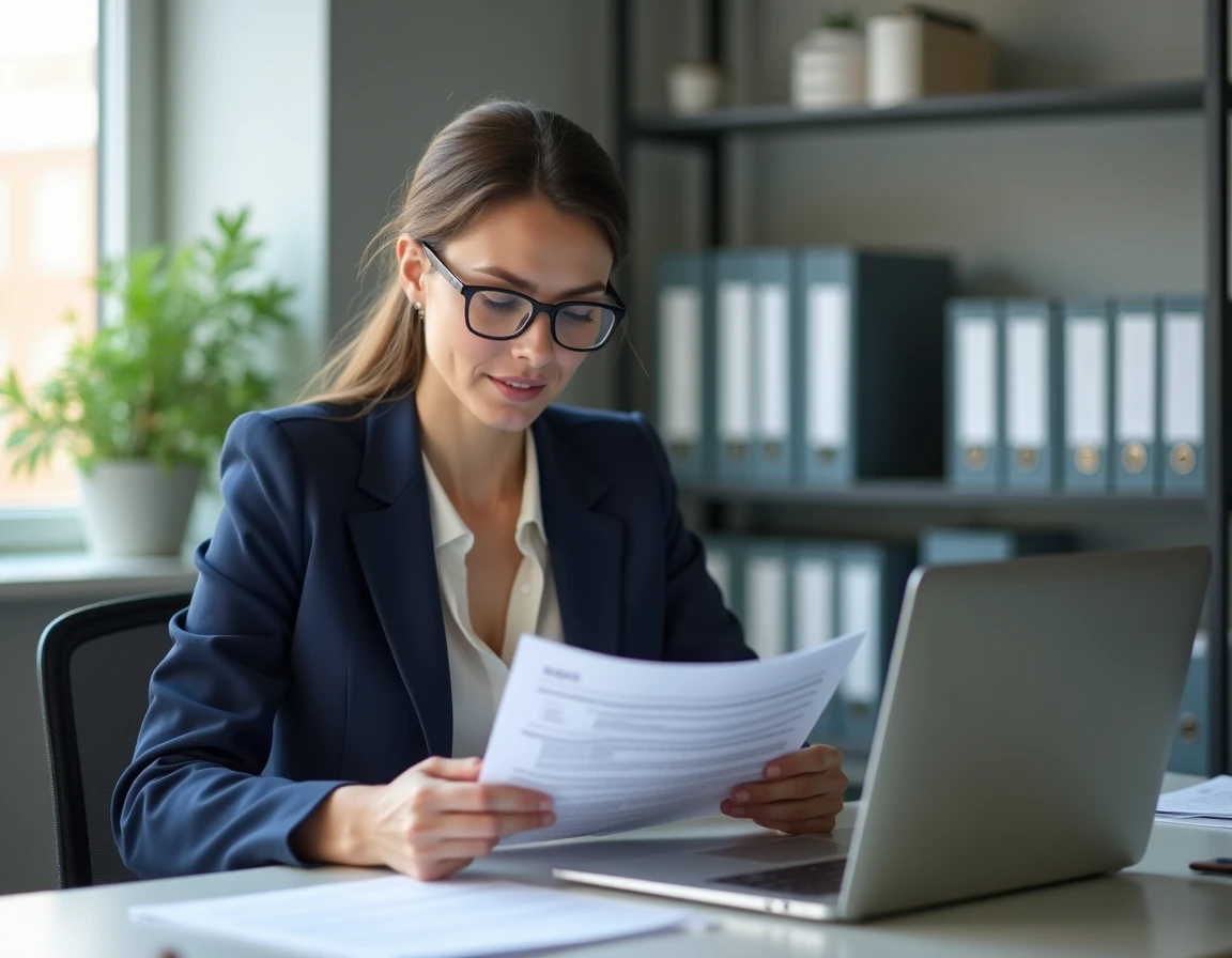 Femme en blazer marine consultant des documents administratifs de la CAF sur son bureau pour préparer une demande de passage à temps partiel après congé maternité