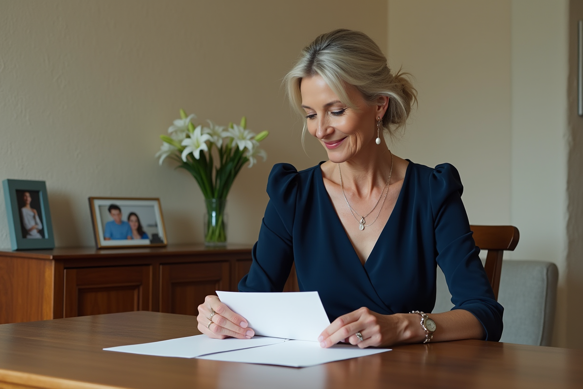 Femme élégante en robe bleue déposant une enveloppe dans une carte de mariage