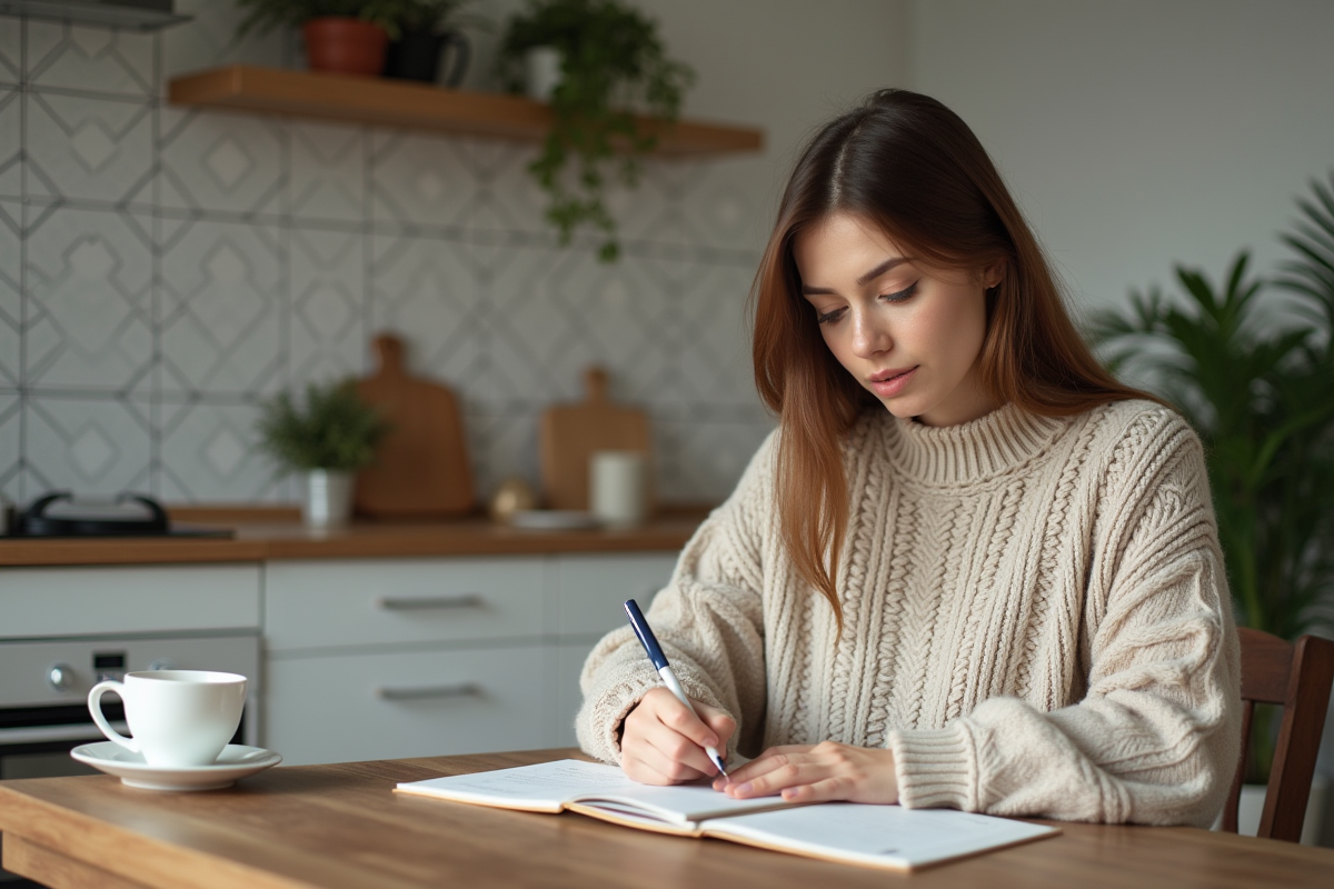 Femme écrivant dans un journal dans une cuisine moderne
