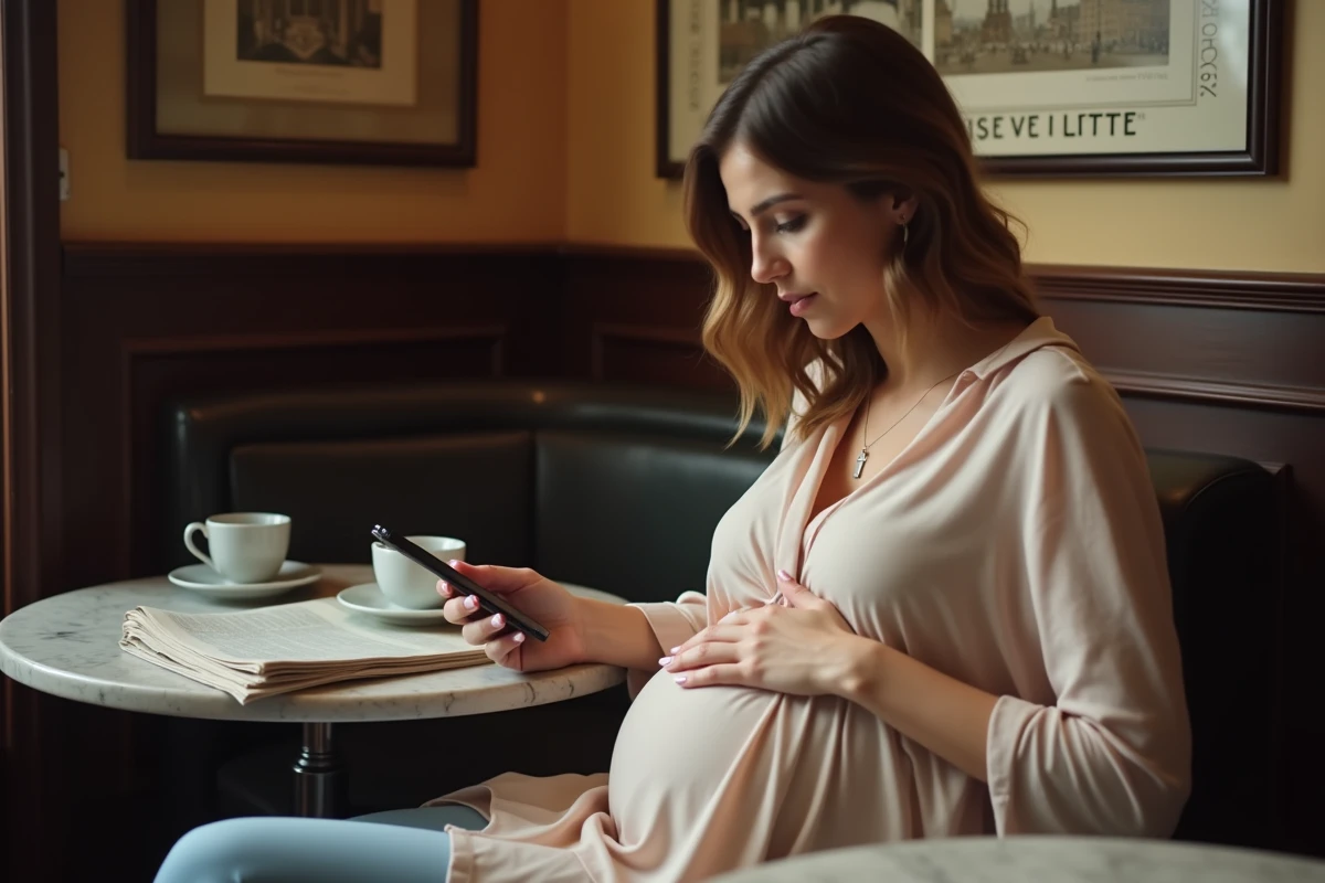 Femme enceinte assise dans un café parisien consultant son téléphone avec une expression pensive et recueillie