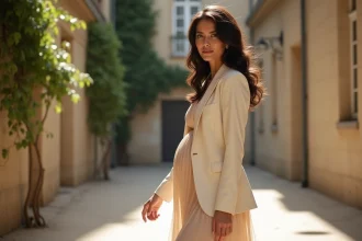 Femme élégante aux cheveux foncés avec un léger baby bump photographiée en candid dans une cour parisienne en pierre