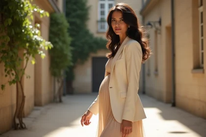 Femme élégante aux cheveux foncés avec un léger baby bump photographiée en candid dans une cour parisienne en pierre