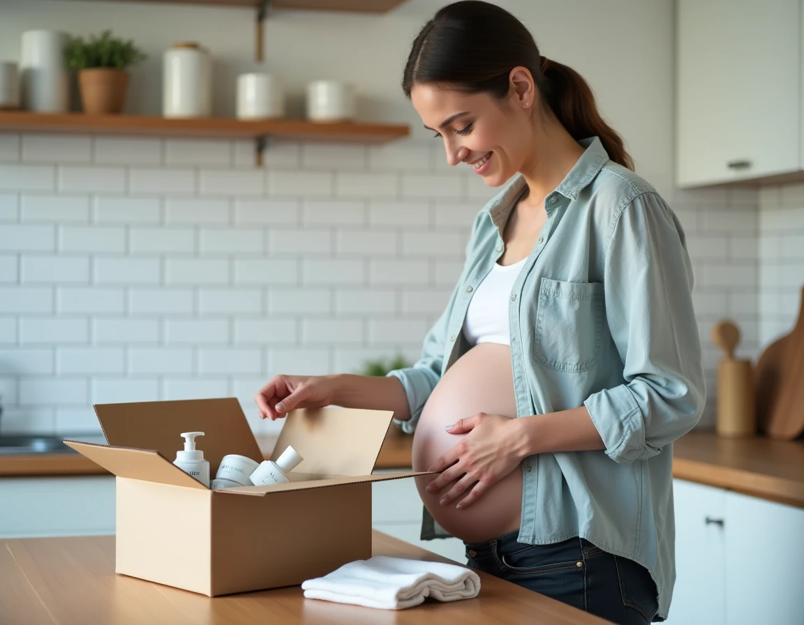 Femme enceinte ouvrant un kit d'échantillons gratuits bébé sur un comptoir de cuisine moderne avec des produits miniatures