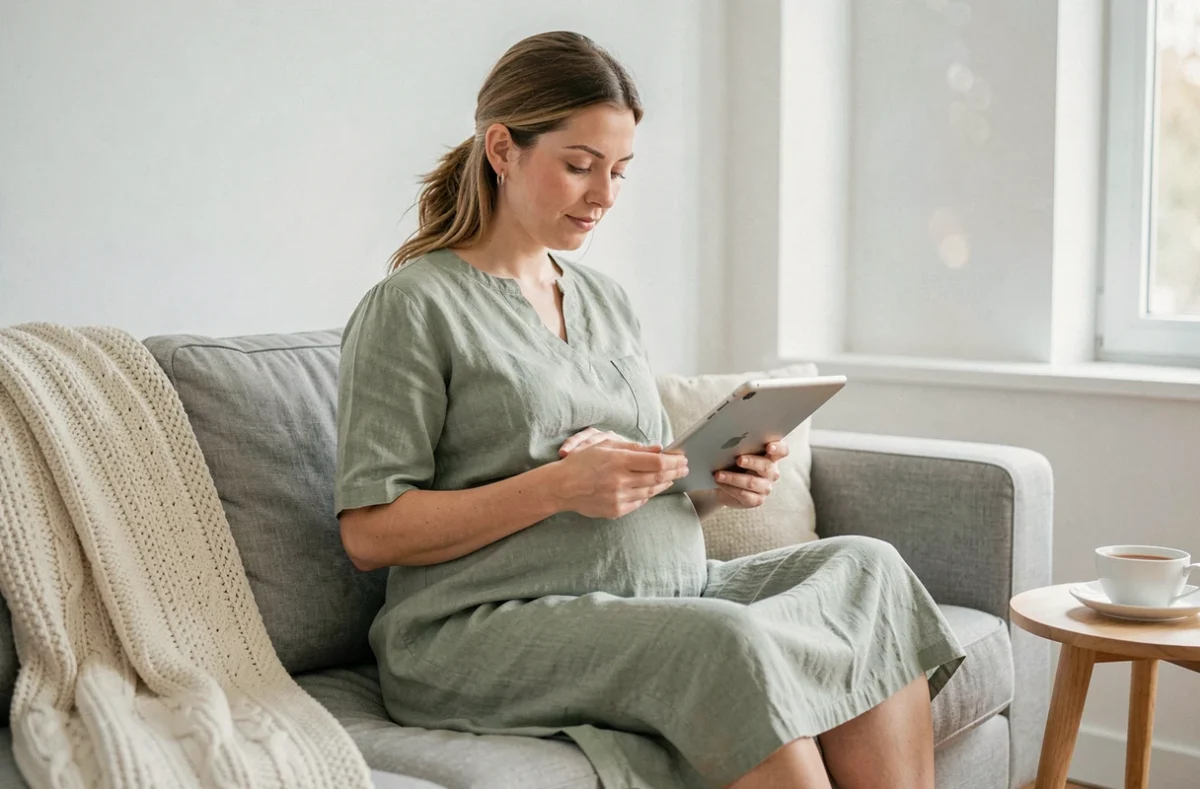 Une femme enceinte en robe verte consulte une liste de naissance sur tablette, assise confortablement sur un canapé gris dans un salon minimaliste