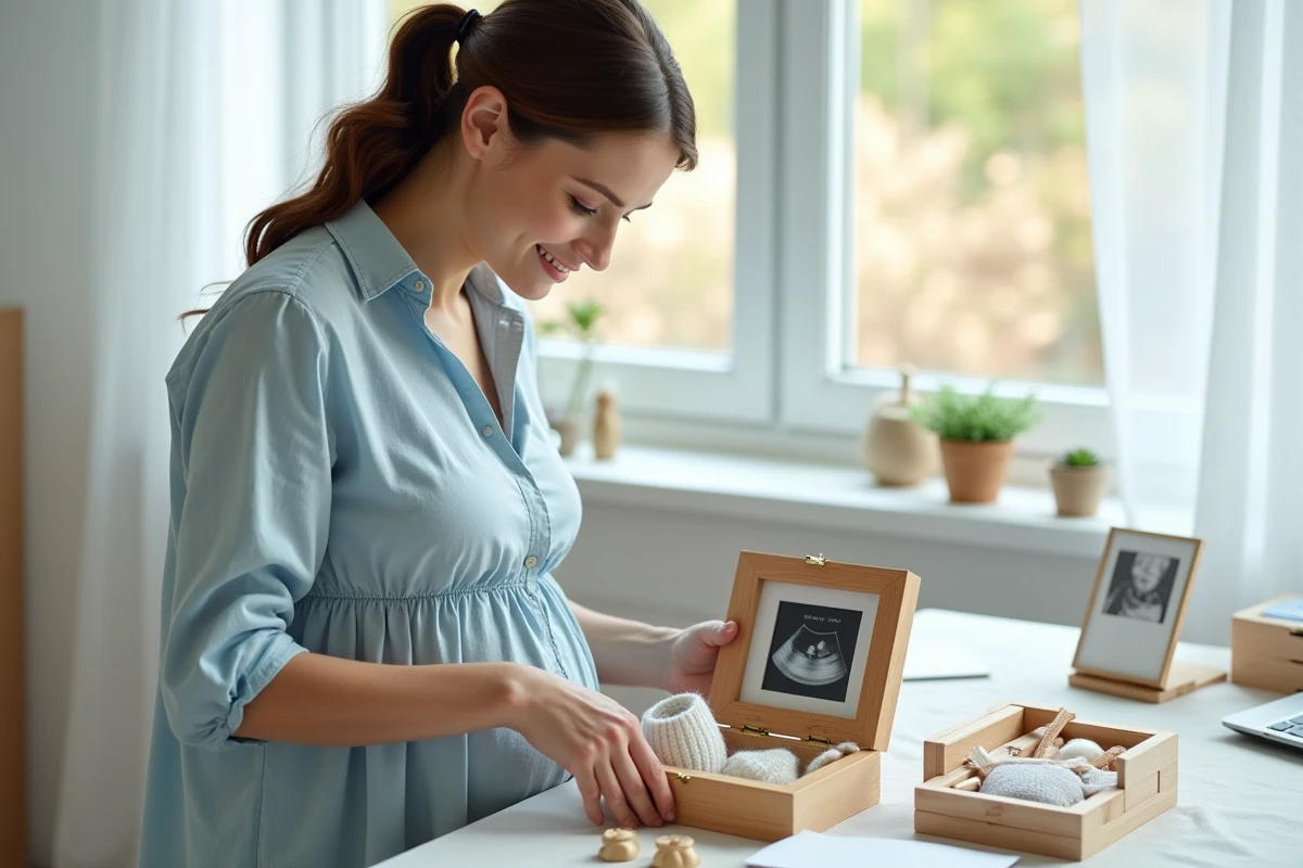 Femme enceinte composant un coffret cadeau personnalisé pour annoncer sa grossesse aux futurs grands-parents, avec échographie encadrée et chausson tricoté