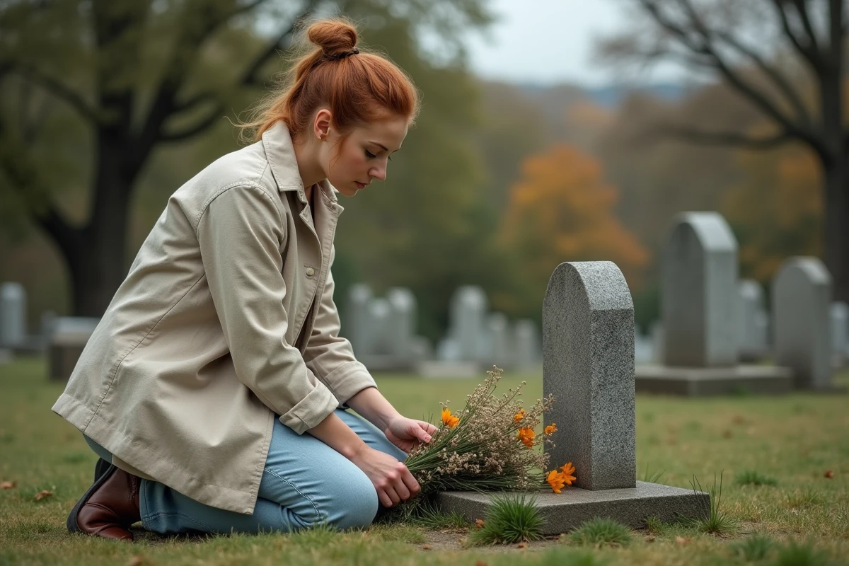 Jeune femme déposant des fleurs sauvages sur une tombe lors d'un rituel personnel d'anniversaire de décès