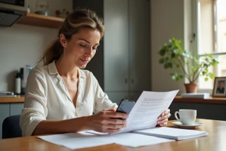Femme française au téléphone dans une cuisine moderne
