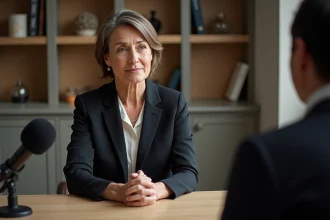 Femme élégante en blazer sombre assise lors d'une interview dans un studio parisien, expression réfléchie et retenue