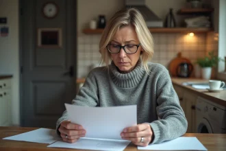 Femme lisant une lettre CAF dans une cuisine française