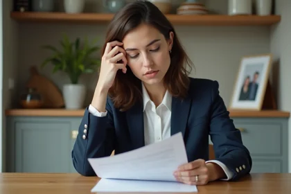 Femme d'affaires lit des documents dans une cuisine chaleureuse