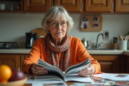 Femme d'âge moyen lisant des magazines dans la cuisine chaleureuse