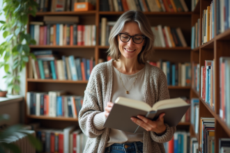 Femme souriante dans une librairie indépendante chaleureuse