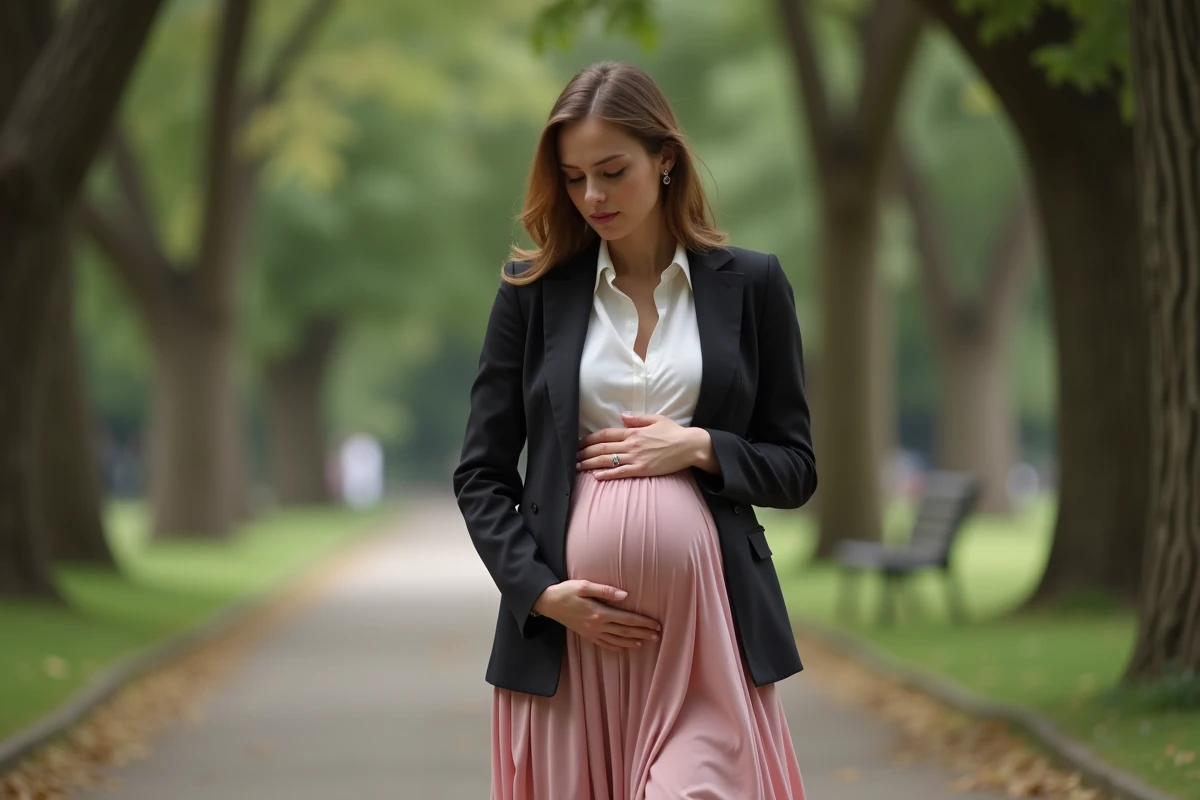Femme enceinte marche dans un parc calme et verdoyant