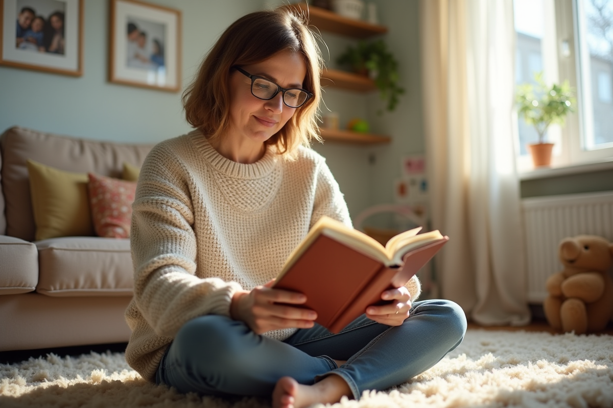 Femme d'âge moyen lisant un livre de parentalité dans un salon chaleureux