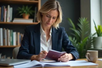 Femme consultant son passeport et des documents administratifs à son bureau à domicile pour vérifier son nom d'usage
