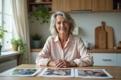 Femme de 50 ans regardant des photos de famille dans la cuisine