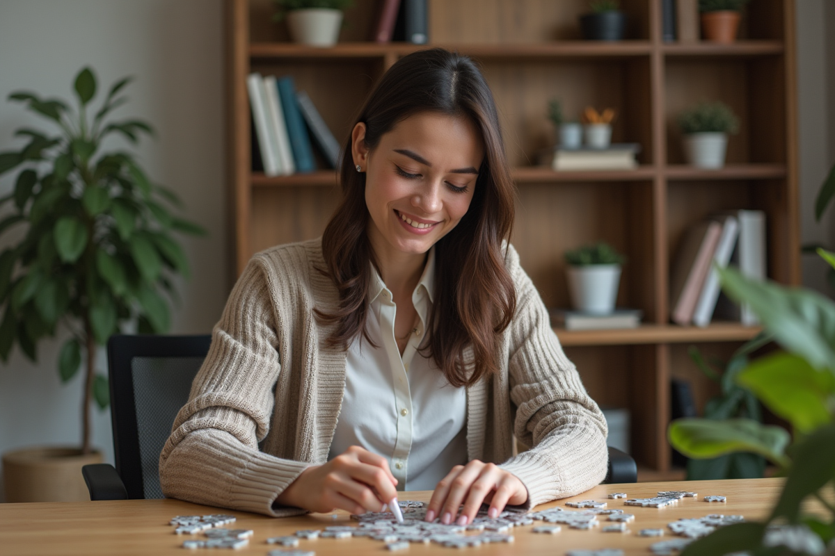 Femme en bureau moderne assemble un puzzle dans un intérieur cosy