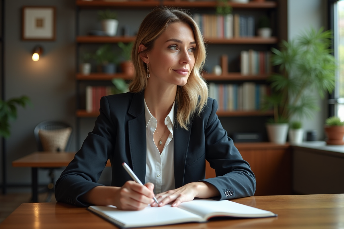 Femme réfléchie dans un bureau moderne en blazer
