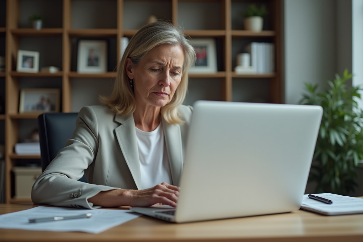 Femme d'âge moyen au bureau à domicile regardant l'écran