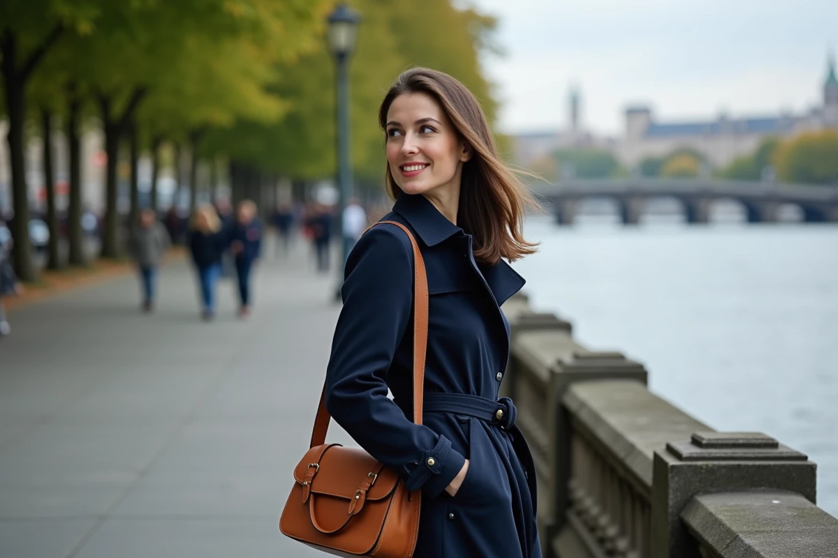 Femme souriante au bord de la rivière en trench