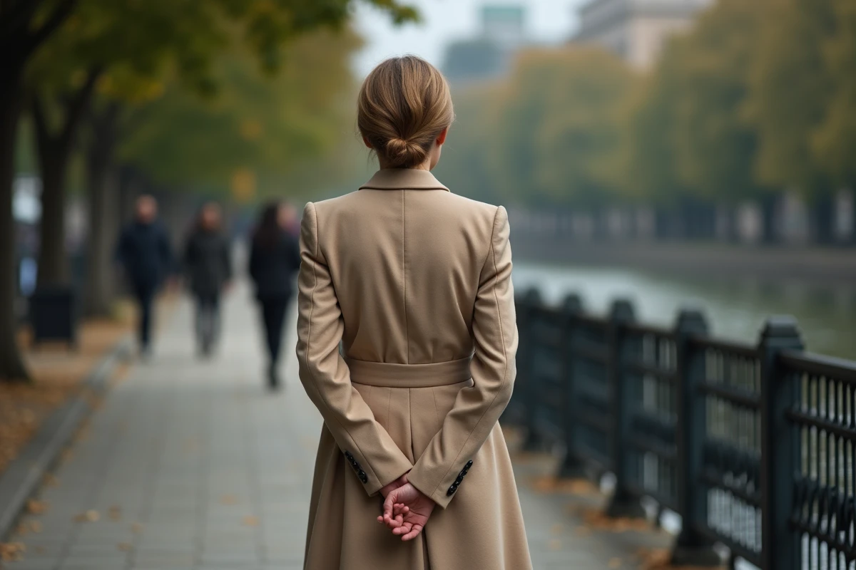 Femme élégante marche le long de la promenade au bord de l