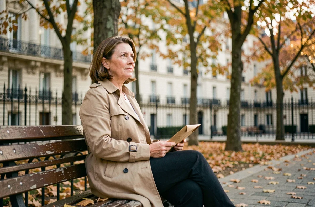 Femme seule sur un banc parisien tenant une enveloppe officielle, symbolisant les démarches après un divorce ou une dissolution de Pacs