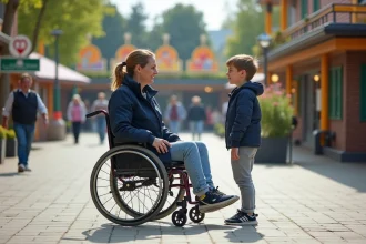 Femme en fauteuil accessible devant parc Alsace