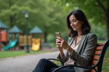 Femme assise sur un banc dans un parc en train de regarder son téléphone